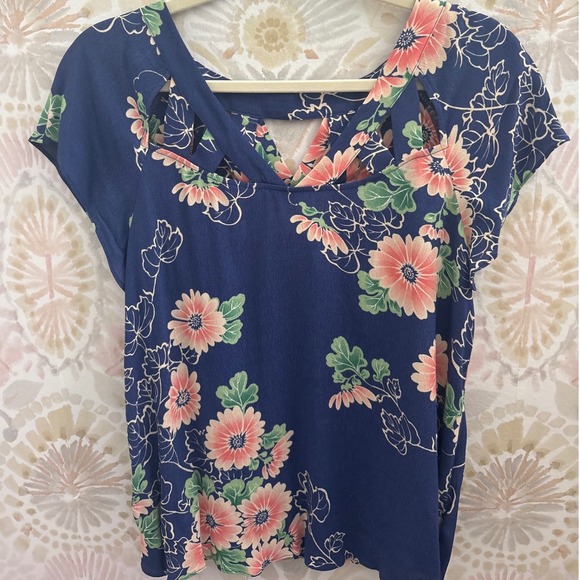 Maeve Tops - Maeve Anthropologie Floral Blouse Blue Strappy Lattice Neck Top Size 2